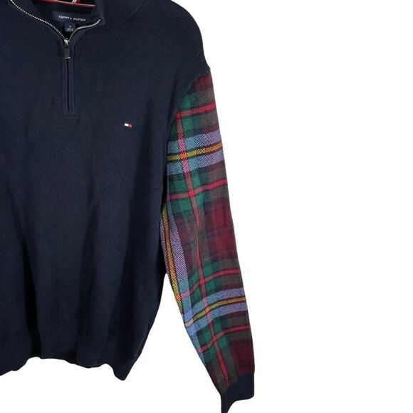 Tommy Hilfiger Quarter Zip Navy Blue Paid Print Sleeves Men’s Sweater - Picture 4 of 7